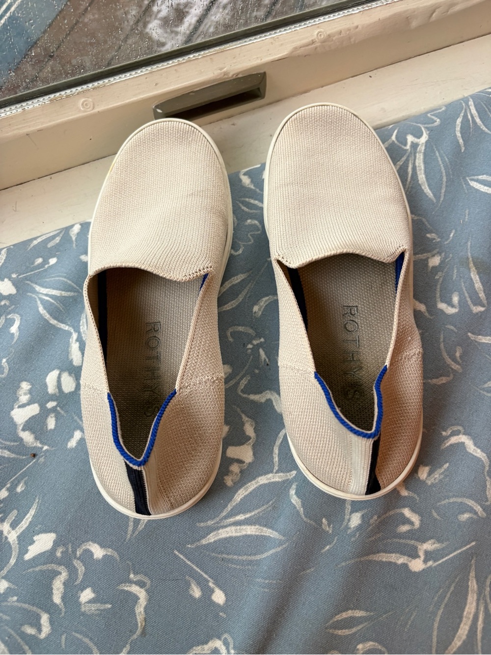 Rothy's Women's Slip-On Knit Loafers in Light Beige with Blue Trim